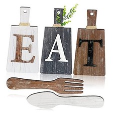 Cutting Board Eat Sign Set Hanging Art Kitchen Eat Sign Fork White, Grey,brown