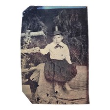 Young Boy Girl In Top Hat Dress Tintype Photograph