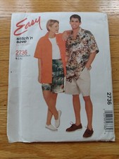 Vintage Summer Shorts  Hawaiian Shirt Sewing Pattern UNCUT Unisex L-XL Collar