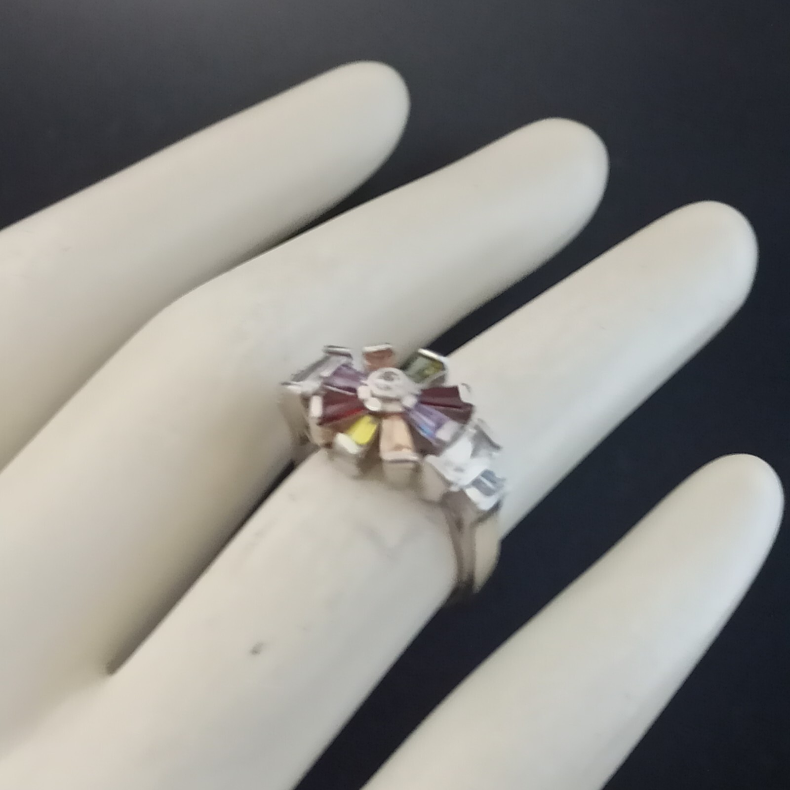 Silver Ring Multicolor Flower Crystals Stone Vint… - image 7