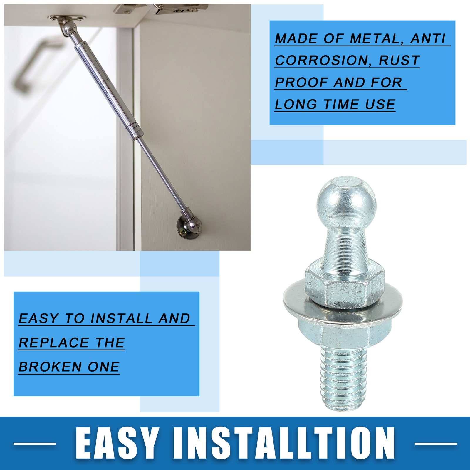 Universal 10mm Strut Ball 5/16-18 Thread 3/4" Long Shank with Washers Pack of 4