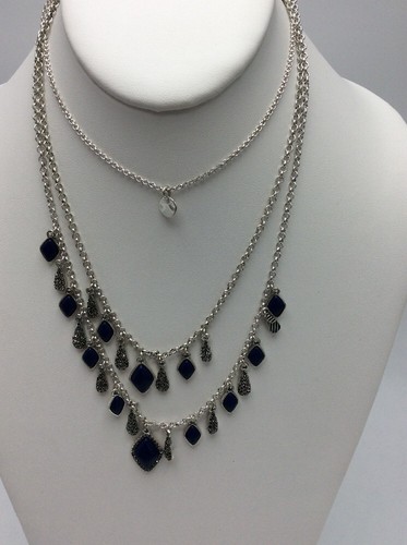 Lucky Brand Silvertone Graphite Crystals Lapis Set Stone Laye Necklace $49 LK25a - Picture 5 of 8