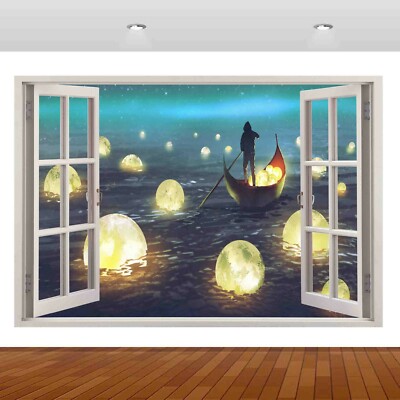 Fantasy Verzauberter Mond Boot See Nacht 3D-Aufkleber Wandaufkleber Poster Vinyl S199