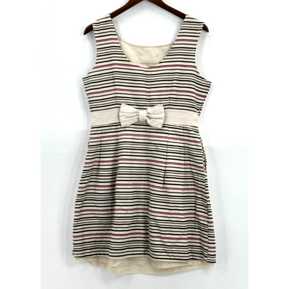 Vestido de tul para mujer sin mangas texturizado a rayas trasero lazo forrado multicolor crema L Foto 2 de 4