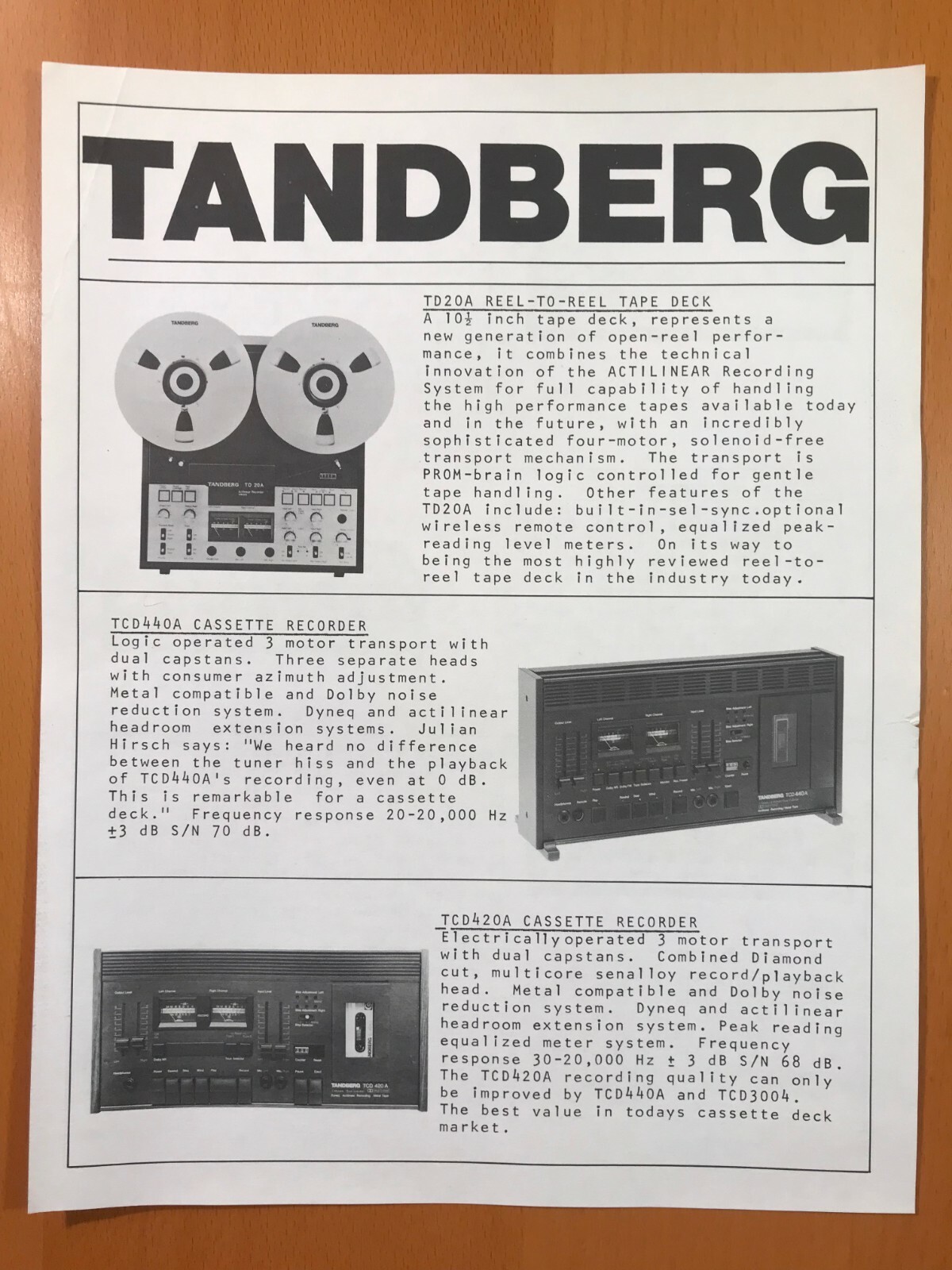 ORIGINAL TANDBERG TD20A TCD440A TCD 420A TR2080 TR2060 TR204 SALES BROCHURE D258