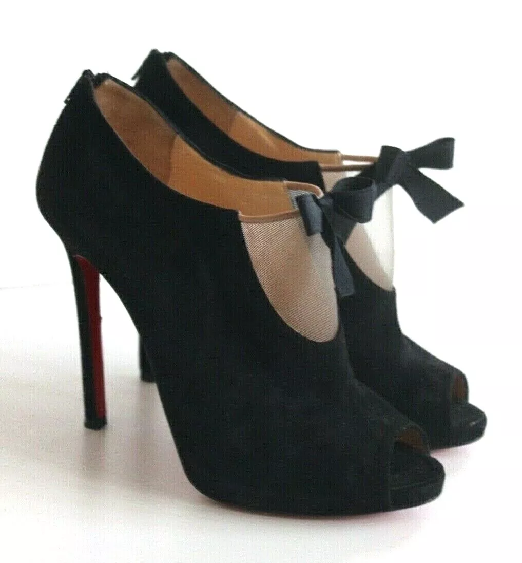 Christian Louboutin Black Suede Leather Bow Booties Ankle Boots 37.5 Uk 4.5