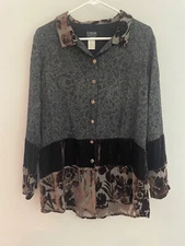 Citron Santa Monica Vintage Floral Silk Velvet Blouse Top Burn Out Button Down