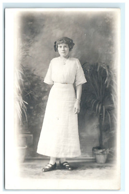 1912 Young Woman Studio Studio Portrait RPPC Postcard Plant Props