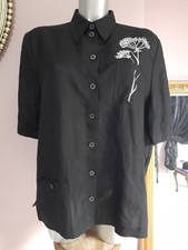 *DORIS STREICH* ladies Linen Mix Black Shirt Top With White  Floral Embroidery