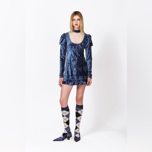 Anna Sui Anthropologie Crushed Velvet Cream Lace Mini Dress Blue Goth Victorian
