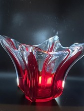Vintage 60s  Murano Blown Art Glass Clear/ Red Vase/ Bowl 