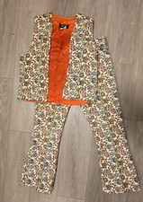 70s NINTH STREET EAST LTD IVORY/GREEN/RED FLORAL TAPESTRY MOD/GOGO VEST/PANT SET