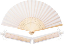 50Pcs Cream-Coloured Imitated Silk Fabric Bamboo Folded Hand Fan Bridal Dancing