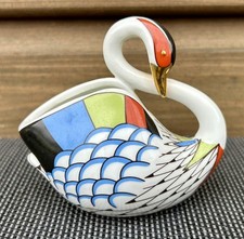 Vintage Hollohaza Hungary Hand Painted Porcelain Swan Fig Trinket Dish Holder