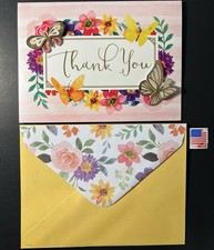 3D THANK YOU CARD w/3D Butterflies Floral Decorated Inside  Env/Stamp BN