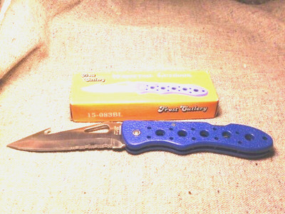 SPECIAL Guthook Pocket Knife Lockback Blade w/ Blue Vented Handles, 4-1/2''