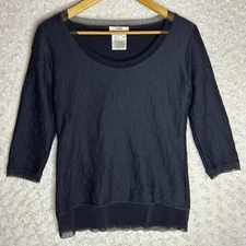 Fuzzi Italy Black Textured Knit Top Scoop Neck 3/4 Sleeve Blouse