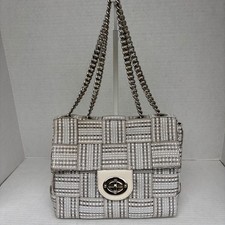 Bolso de Hombro Alma Tonutti Italia Tejido Blanco Taupe Cadena Correa Bloqueo Giratorio Bolso de Mano