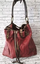 Vintage Lucky Brand Red Brick Leather Hobo Shoulder Bucket Bag Drawstring Tassle