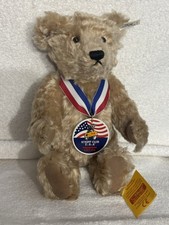 NICE VINTAGE STEIFF MOHAIR TEDDY BEAR EAR BUTTON WHITE TAG SAM USA PATRIOTIC 13"