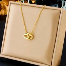 Gold Two Hearts Necklace Dainty Stainless Steel Love Pendant Jewelry