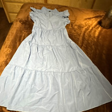 SHEIN Blue Solid V-Neck Ruffle Short Sleeve Maxi Dress Long Regular S