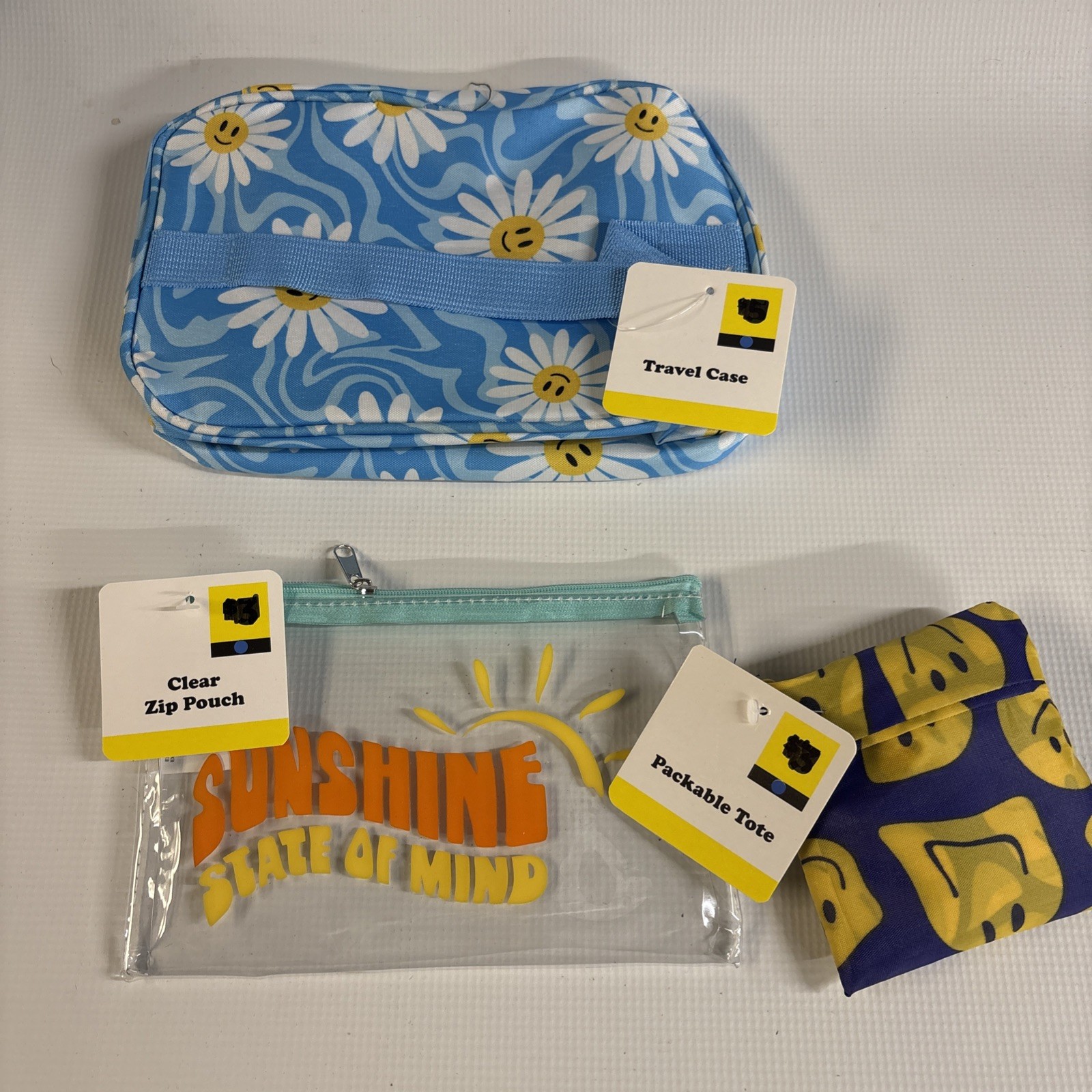 Smiley Face Travel Case Set - Packable Tote & Makeup Pouch