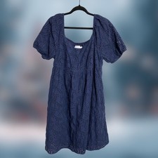 Weekend Eyelet Dress Women’s Large Navy Blue Puff Sleeve Lined Cotton Blend