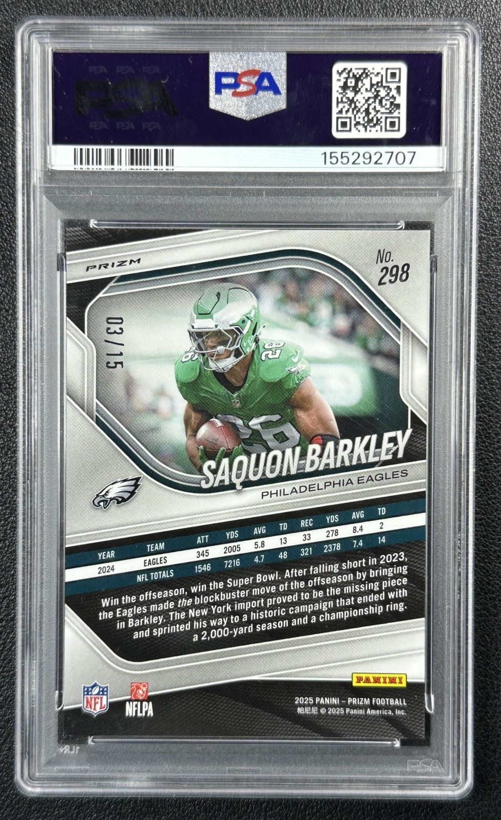 SAQUON BARKLEY PSA 10 2025 PANINI PRIZM #298 CHOICE CHERRY BLOSSOM 3/15 view 2