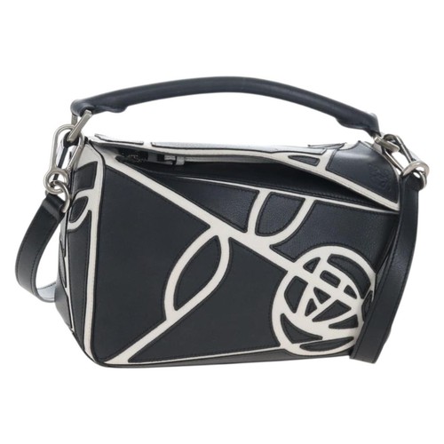 LOEWE Anagram Rose Puzzle Bag Small Bag Leather 2way Black Silver Auth 197266SAM