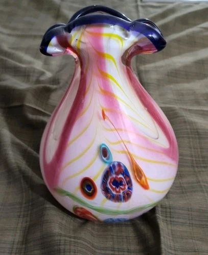 Vintage Murano Style Art Glass Vase Pink Millefiori Cobalt Rim Hand Blown...