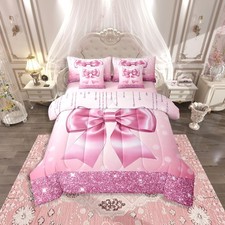 Pink Bow 7 Pieces Bedding Set Queen Size Teen Girl Coquette Bow Comforter Set...