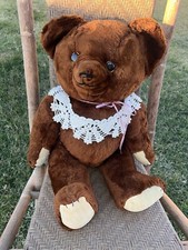VINTAGE TEDDY BEAR ARTICULATED CHOCOLATE BROWN FUR VELVET PAWS 21  METAL EYES