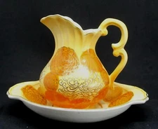 Small Wash Basin & Pitcher Bowl Hand Painted Tan w/Brown Flowers 1940s - 1950s