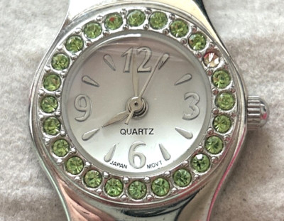 Lime Green Rhinestone Bezel Cuff Women s Watch Croc Band Missing 1 Rhinestone