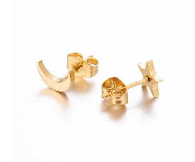 Unisex Titanium Tiny Punk Crescent Moon Star Silver/Gold Stud Earrings