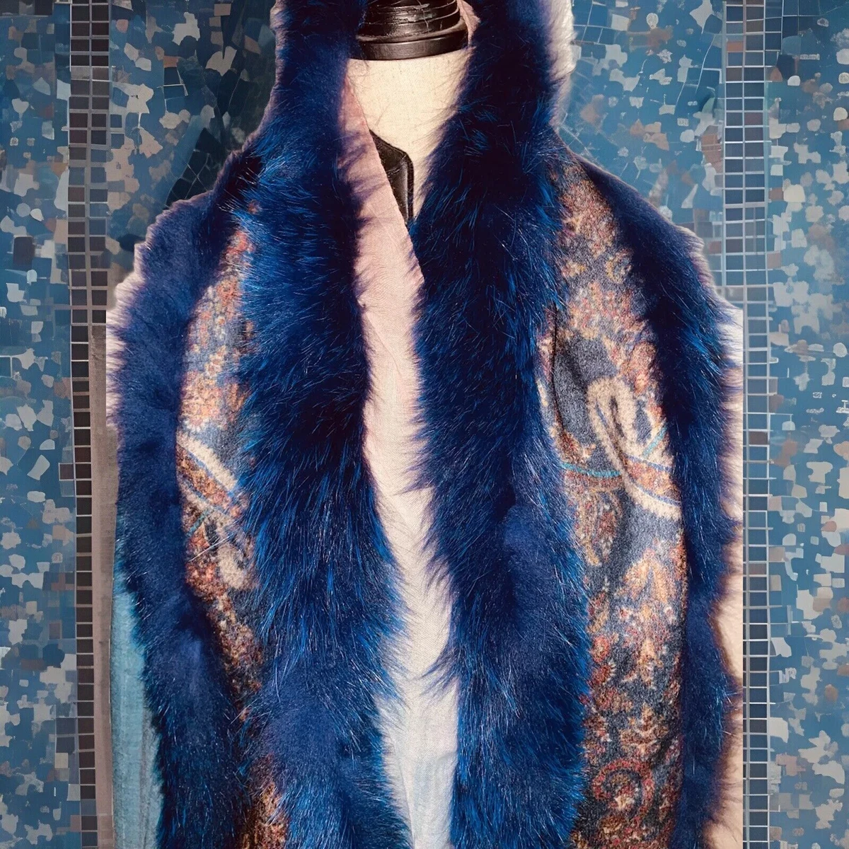 Russian Made Hood Paisley Fabric Silver Fox Fur Matching Mittens And Face Mask Fur Paisley Scarves & Wraps for Women for sale | eBay main image 2