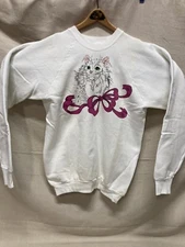 Hand Drawn / Painted VTG Crewneck Sweatshirt White Cat Bow tie XL Grandma G912