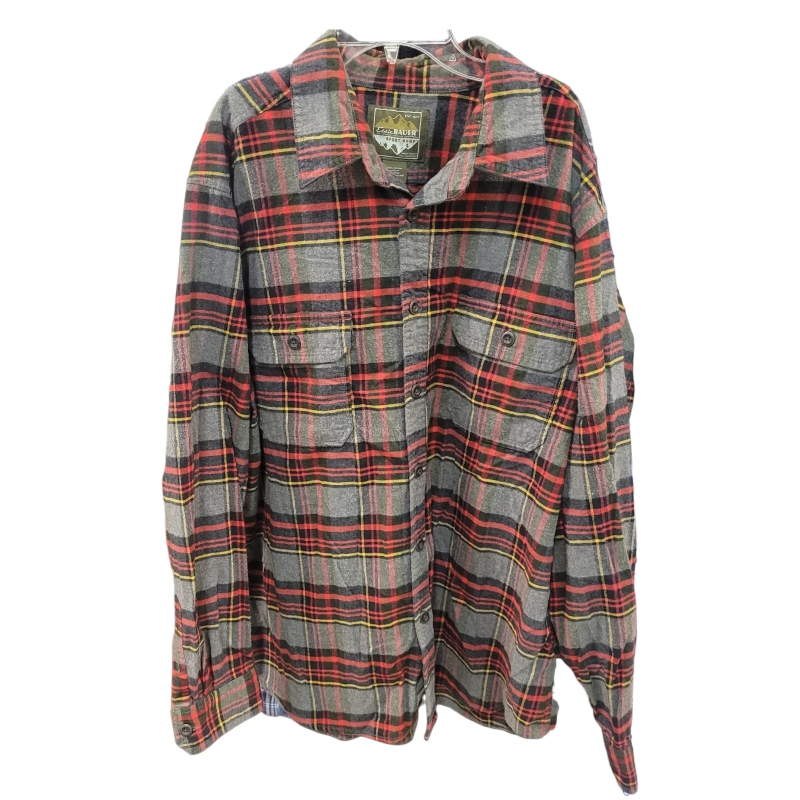 Eddie Bauer Flannel Shirt Mens XL Outdoor Outfitter Cotton Plaid Red Grey Yellow