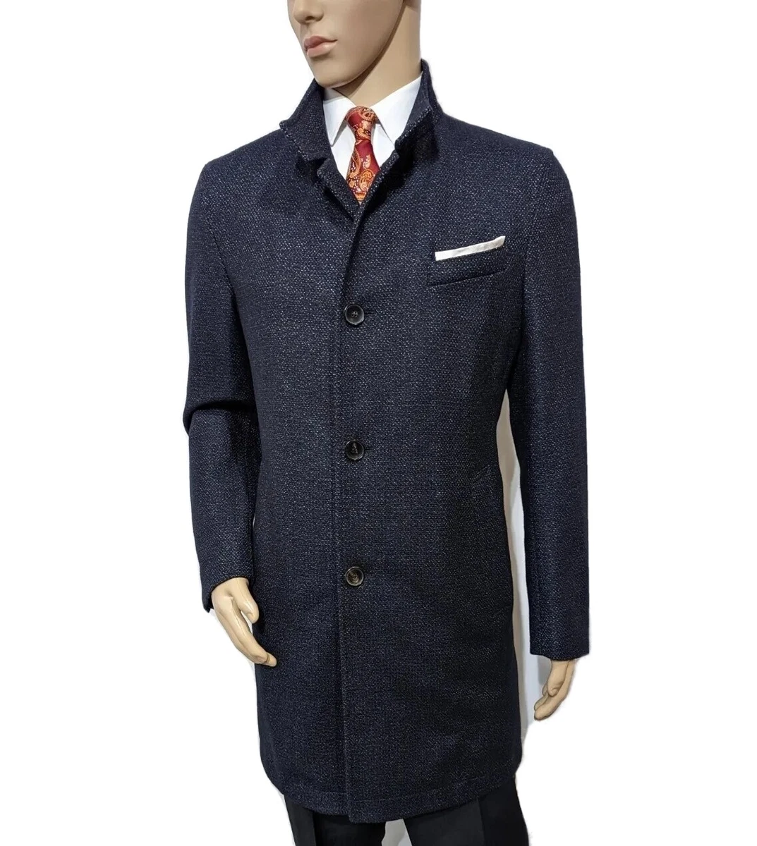 NWOT Hugo Boss Mainline Mens Wool Slim Fit Overcoat Navy Black UK