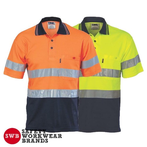 DNC Workwear Mens Hi Vis 2 Tone Cotton Back Polo Shirt Reflective Tape ...