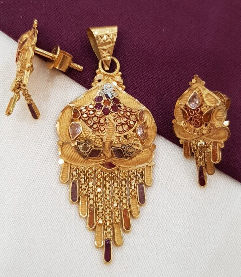 Fine Jewelry 22K Gold Pendant With Earrings CZ Traditional Kolkata Necklace