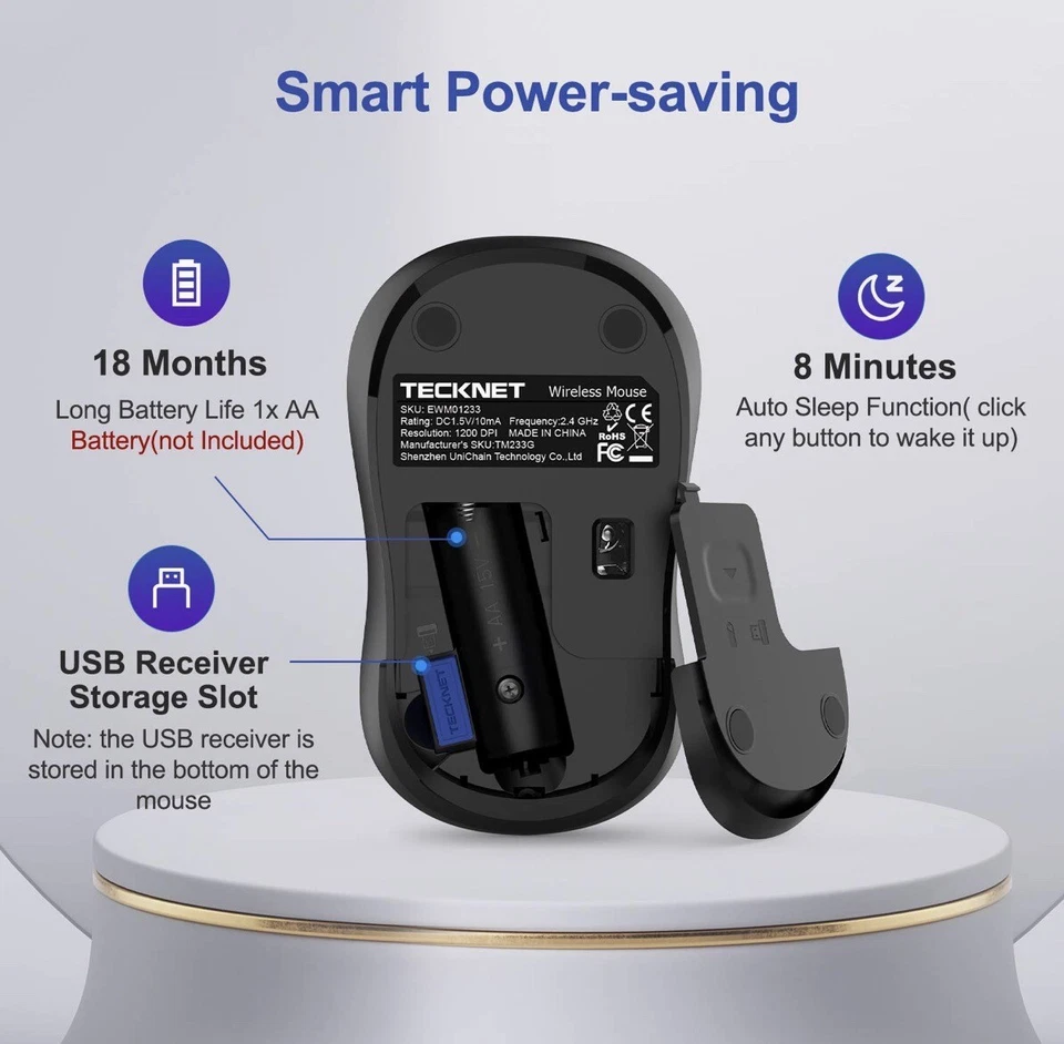 TeckNet 2.4G Omni Small Portable Wireless Optical Mouse with USB Nano Ewm01233 - Image 3 of 4