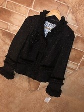 Gaby Eden Black Embellished Metallic Tweed Rabbit Fur Ruffled Snap Jacket S Smal