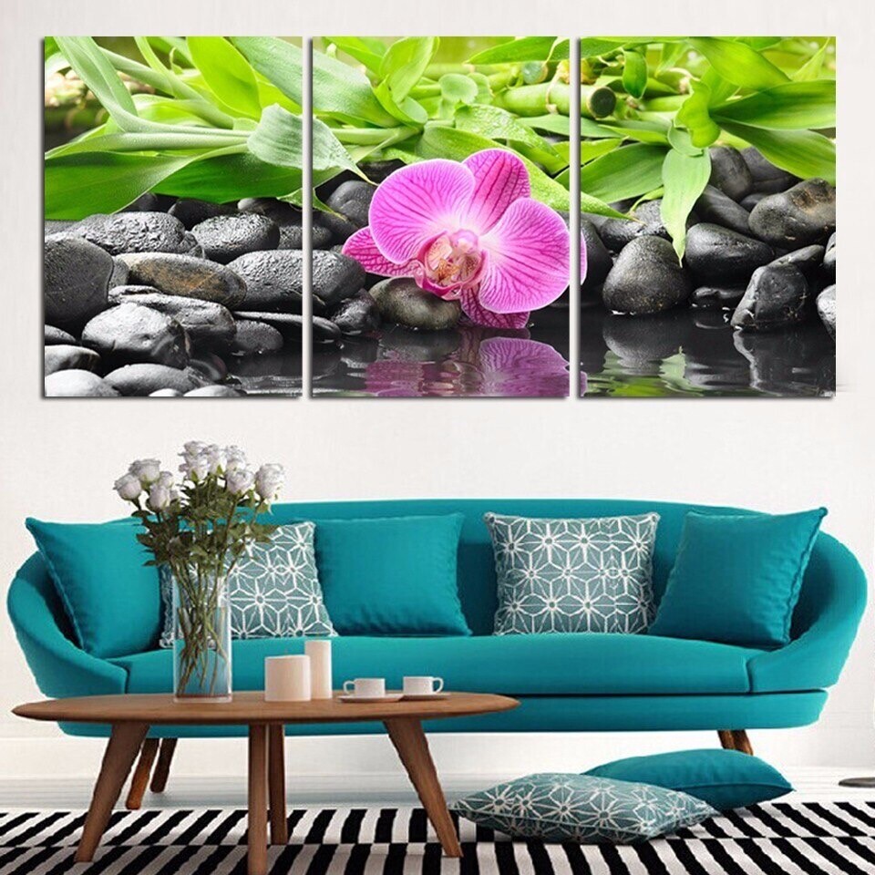 Pink Flower Black Stones 3 Piece Canvas Print Wall Art Poster Home Decoration 2022, wyprzedaż