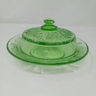 Vintage Green Depression Glass Sharon Cabbage Rose Covered Butter Dish Flea Bite