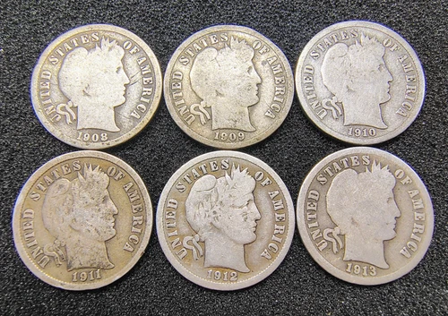 Lot of 6 - 1908-1913 Barber Dimes 10C - 90% Silver - Philadelphia Mint - AG-G