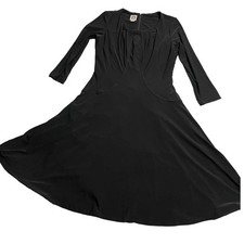 Anne Klein A-Line Dress Womens Sz 4 Flowy Midi Black 3/4 Fitted Sleeve Slinky