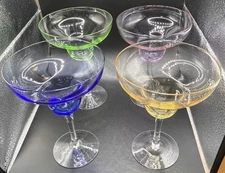 Set of 4 Glass Margarita Glasses - Green, Purple, Blue, Yellow - 6.75" Tall
