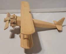 Vintage Wooden Toy Biplane Airplane Natural Unpained  9"